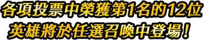各項投票中榮獲第1名的12位英雄將於任選召喚中登場！